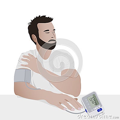 Sick, bearded man measures blood pressure, feels problems using a blood pressure cuff. Vector Illustration